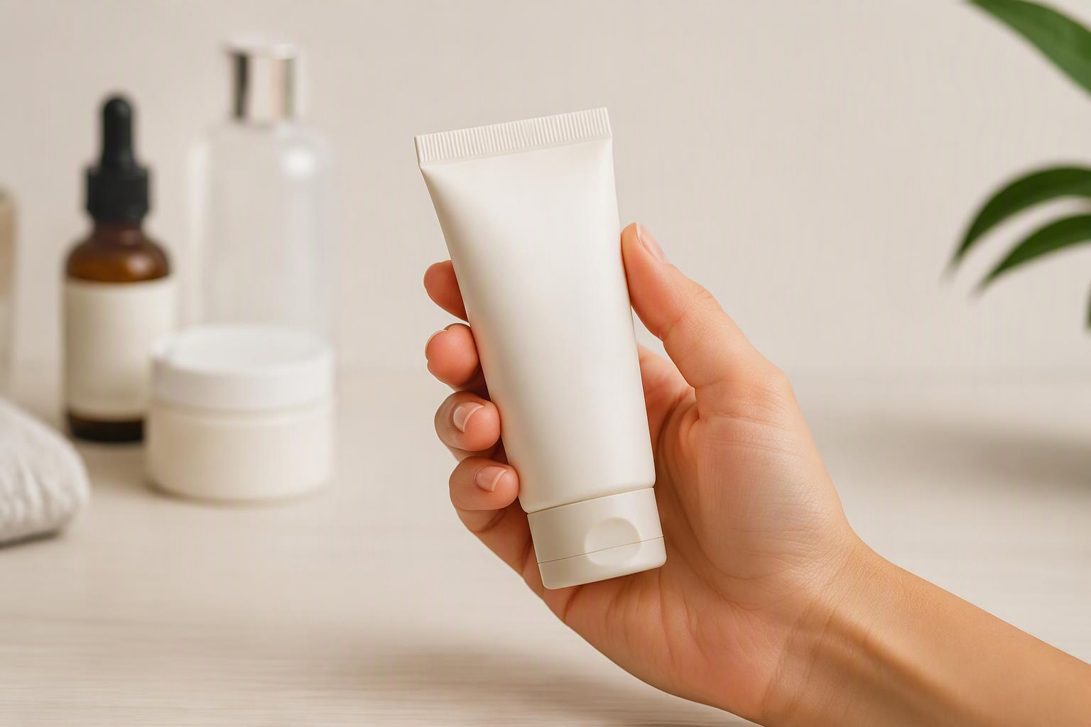 Mão segurando uma embalagem neutra e fechada de cosmético sobre uma mesa.