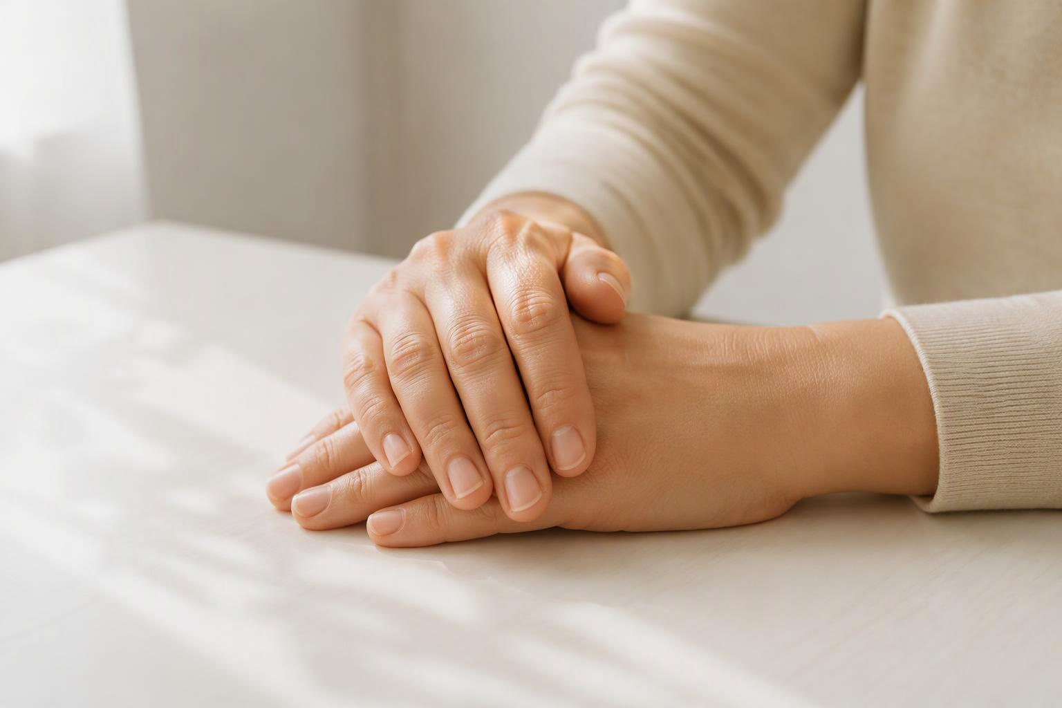 Mãos com unhas naturais apoiadas sobre uma mesa clara.