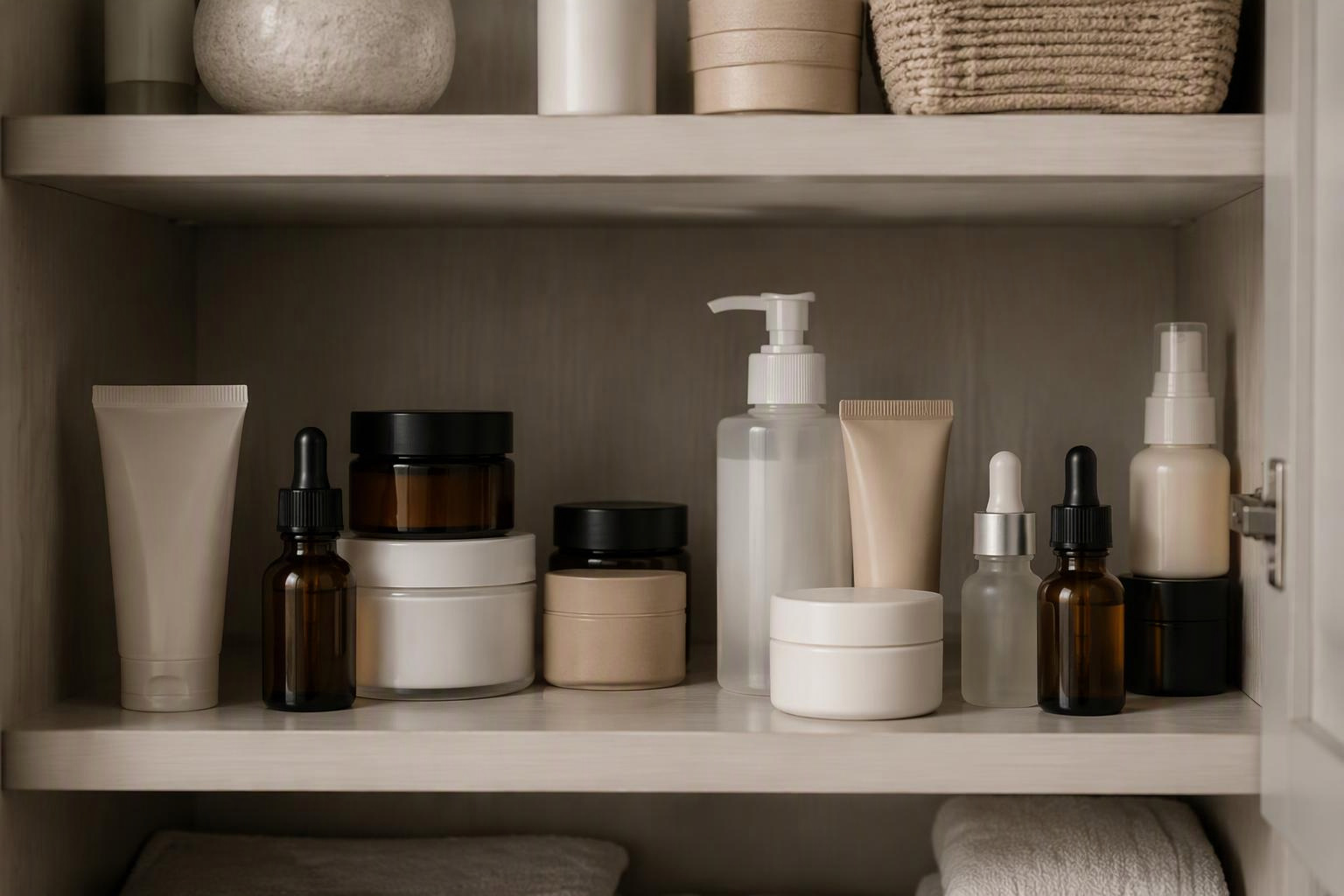 Embalagens neutras de cosméticos organizadas em armário com luz indireta.