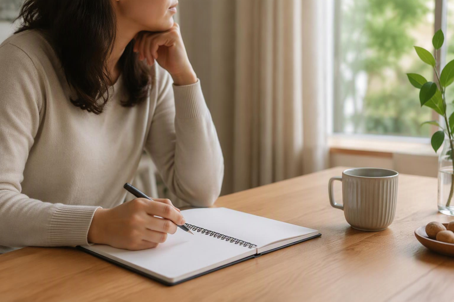 Pessoa com caderno e caneta à mesa para organizar observações antes de uma consulta.